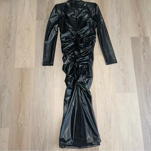 Black Faux Leather Mock Neck Long Sleeve Long Dress with Ruching & Slit - Large - Picture 3 of 7